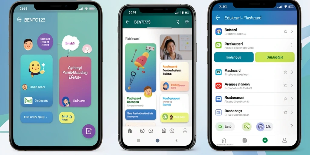 Tampilan interaktif aplikasi BENTO123 dengan fitur Flashcard.